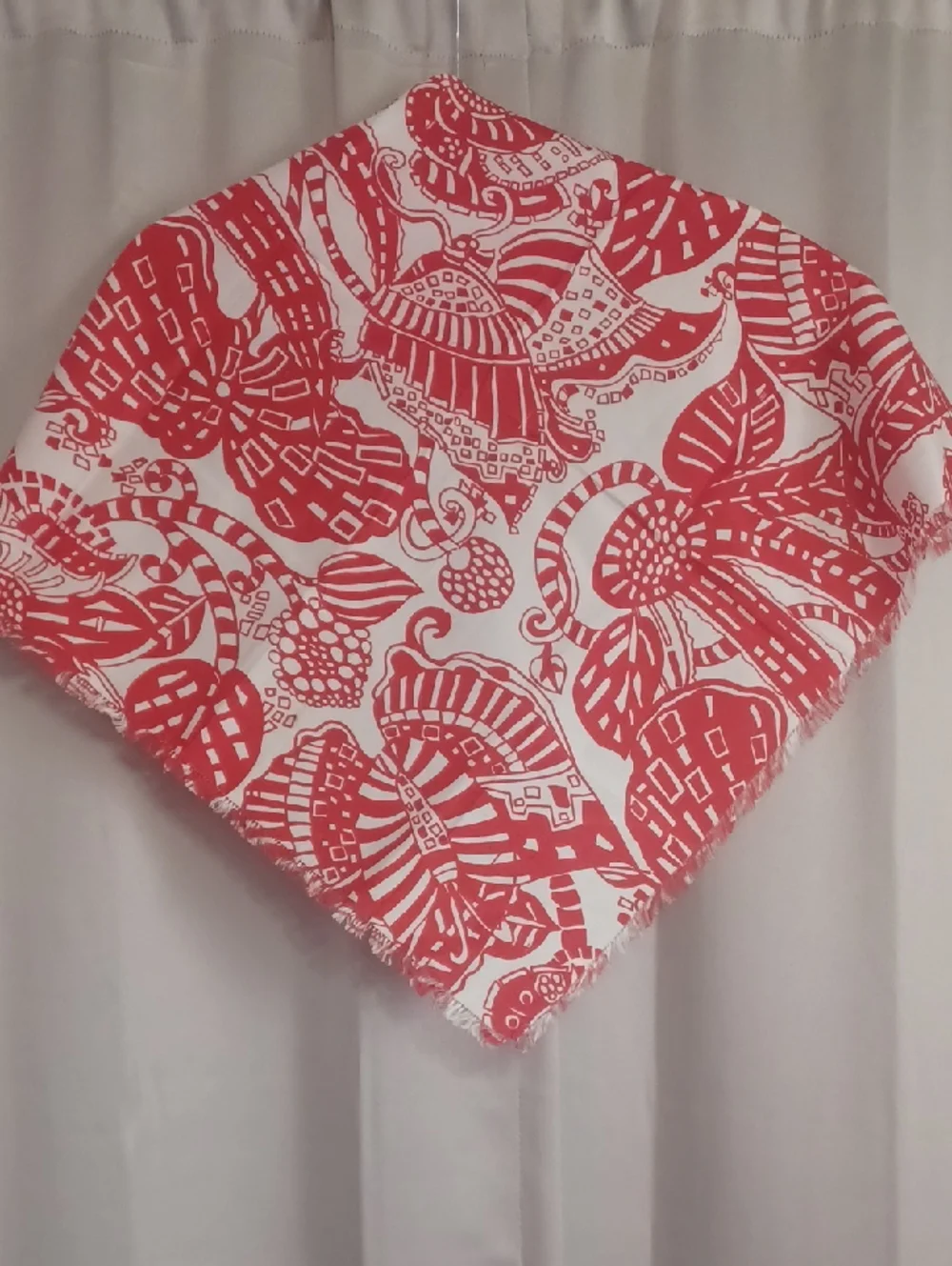 Vintage Thai Silk Scarf Star Of Siam Red White Mod Floral Resort Fringe 24×24
